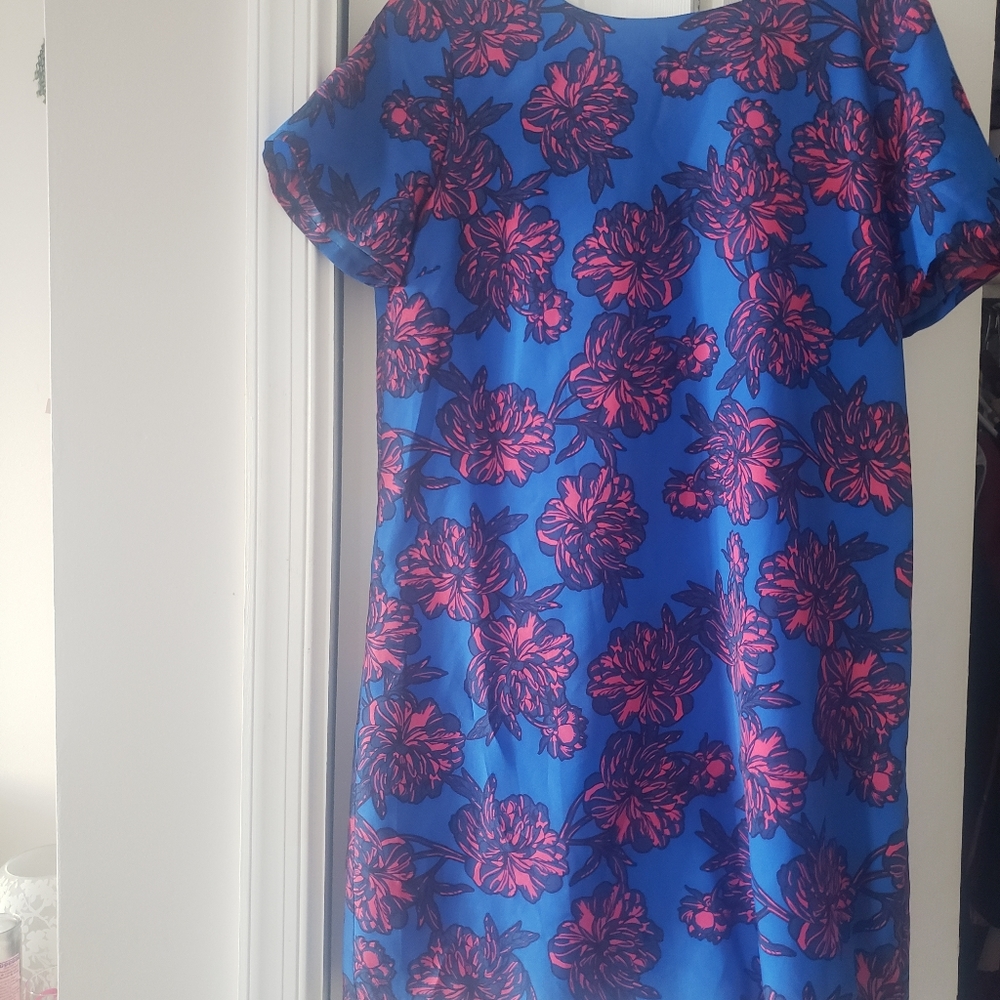 J Crew Royal Blue Floral Shift Dress Chiffon (Size 12)